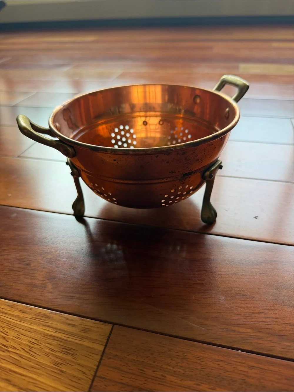 Vintage Copper Colander with Brass Handles and Feet